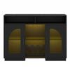 Ufurniture LED Sideboard Buffet Cabinet with 2 Doors Wine Rack & Goblet Holder Marble-Patterned Tabletop Black