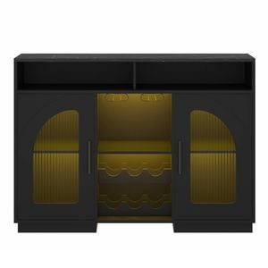 Ufurniture LED Sideboard Buffet Cabinet with 2 Doors Wine Rack & Goblet Holder Marble-Patterned Tabletop Black