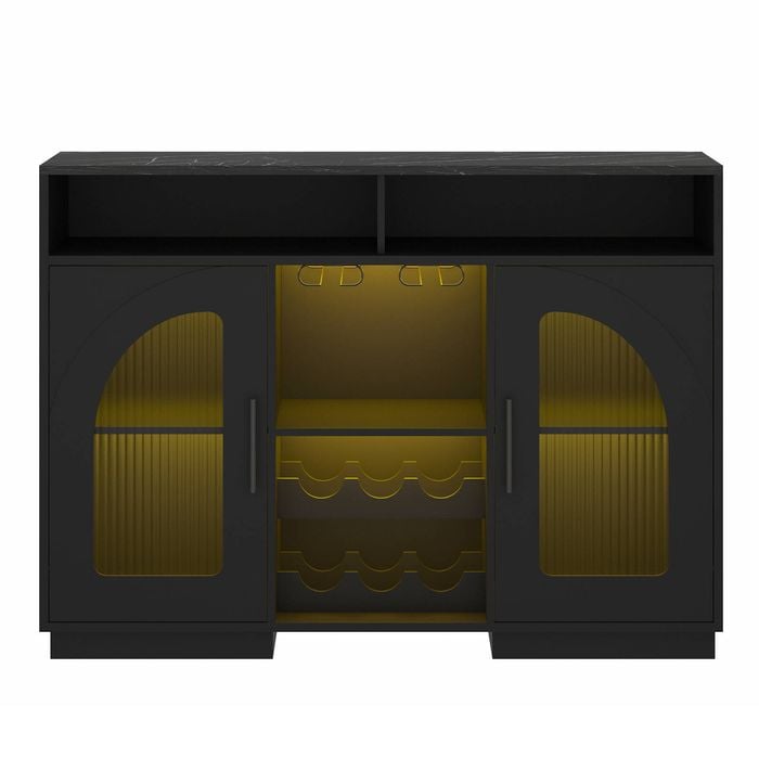 Ufurniture LED Sideboard Buffet Cabinet with 2 Doors Wine Rack & Goblet Holder Marble-Patterned Tabletop Black
