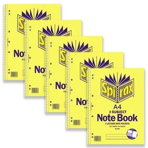 5pc Spirax 599 3 Subject A4 Writing Notebook Office/school Stationery 300-pages