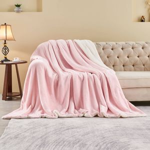 LINENOVA Warm Cosy Sherpa Flannelette Blanket Twin Size - Pink