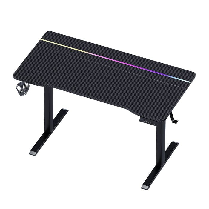 Ufurniture Electric Height Adjustable Gaming Desk, Carbon Fiber Surface Gaming Workstation with RGB LED Light Black