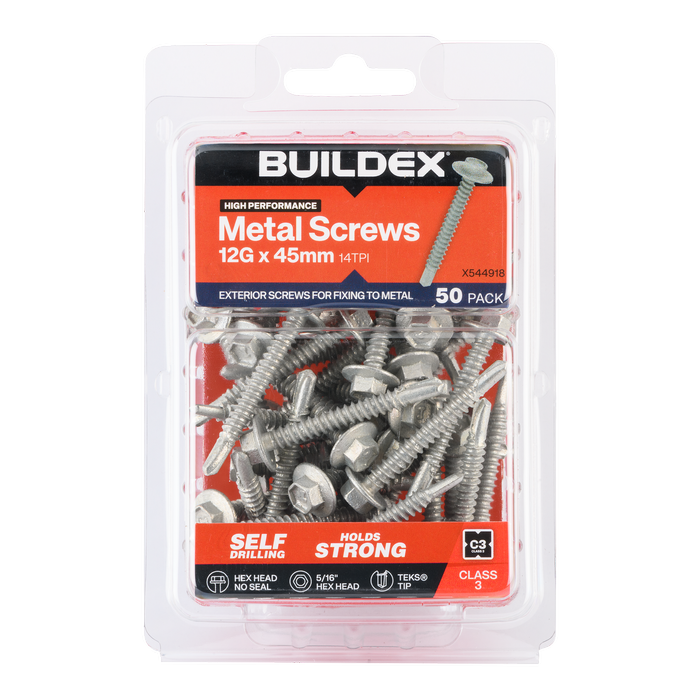 Buildex 12G x 45mm Class 3 Sheet Metal Screws - 50 Pack