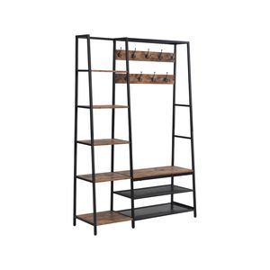 HOMFURN Hall Tree with Shoe Bench, 5-in-1 Entryway Shelf with Coat Rack, Coat Stand with 5 Shelves and 9 Hooks, Brown