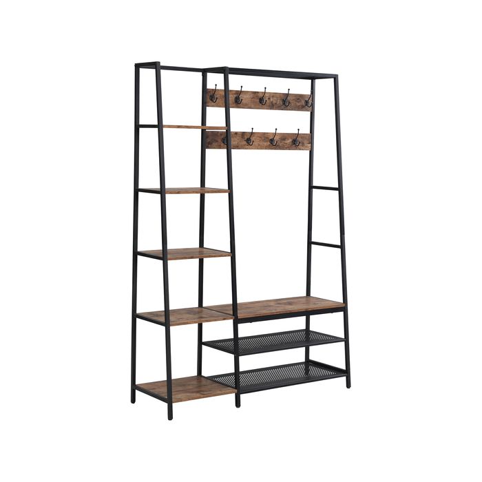 HOMFURN Hall Tree with Shoe Bench, 5-in-1 Entryway Shelf with Coat Rack, Coat Stand with 5 Shelves and 9 Hooks, Brown