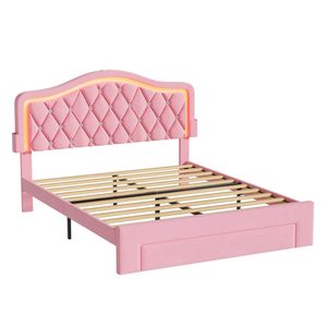 Ufurniture Adjustable Headboard Bed Frame with Drawer and Sockets Double Pink
