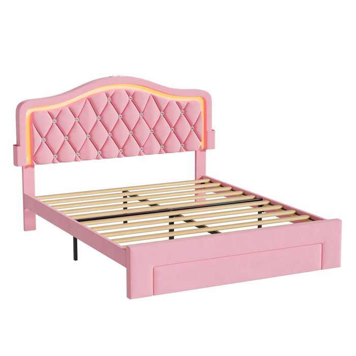 Ufurniture Adjustable Headboard Bed Frame with Drawer and Sockets Double Pink