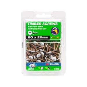 Zenith 8G x 20mm White Button Head Screw - 100 Pack