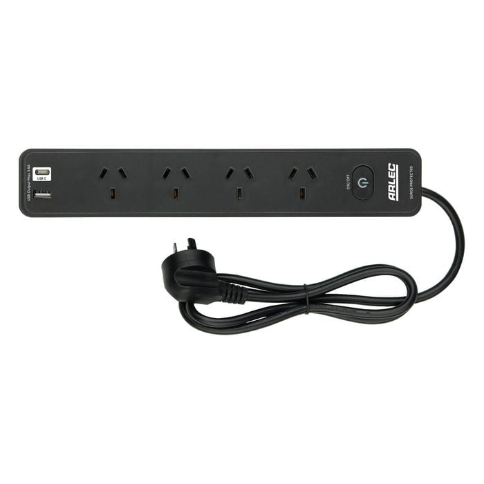 Arlec Black 4 Outlet Surge Protected Powerboard With USB A & C Charger And Master Switch