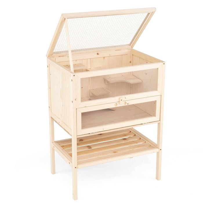 Costway 80cm Wood Hamster Cage W/mesh Flip Roof Multi-ladder Cabinet Rack