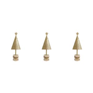 3x LVD Metal/Wood Xmas Tree w/ Star Christmas Holiday Decoration 9x25cm Gold