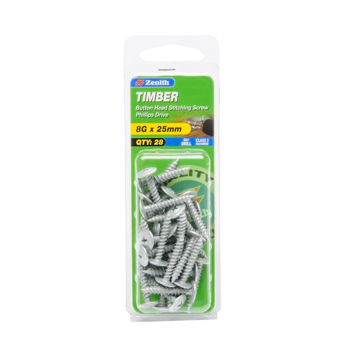 Zenith 8G x 25mm Galvanised Button Head Stitching Timber Screws - 28 Pack