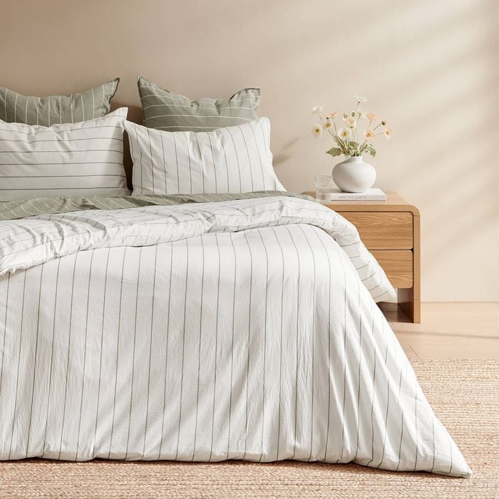 Dreamaker Rumi Washed Cotton Reversible Quilt Cover Set White With Olive Stripe King Bed