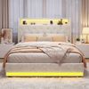 Advwin Queen Size Bed Frame with 4 Storage DrawersTufted Velvet Upholstered Headboard with Charging Station LED Light Beige