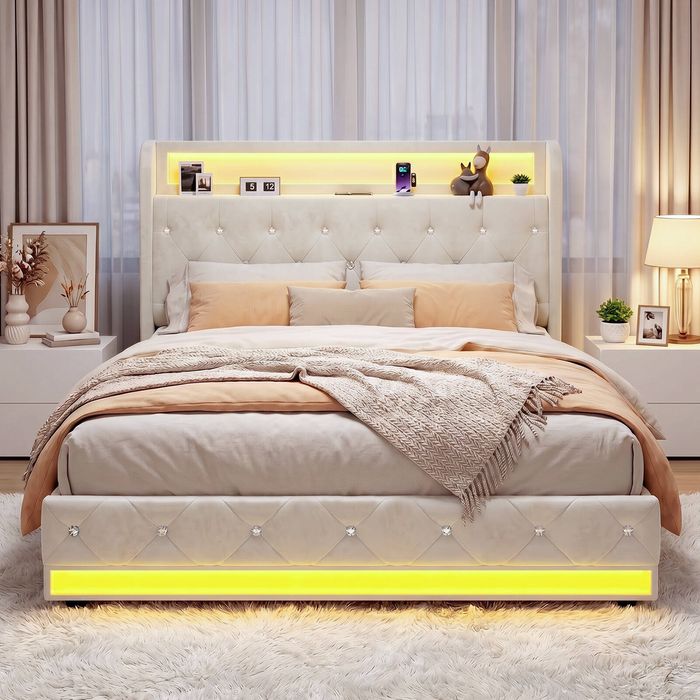 Advwin Queen Size Bed Frame with 4 Storage DrawersTufted Velvet Upholstered Headboard with Charging Station LED Light Beige