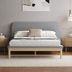Oikiture Wooden Bed Frame Pine Padded Fabric Edges (Double)