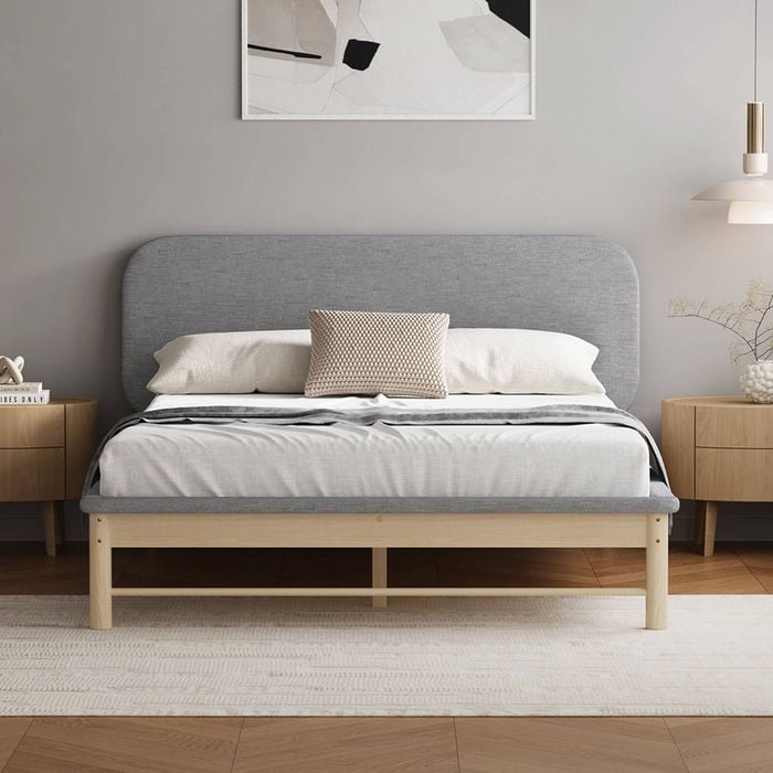 Oikiture Wooden Bed Frame Pine Padded Fabric Edges (Double)