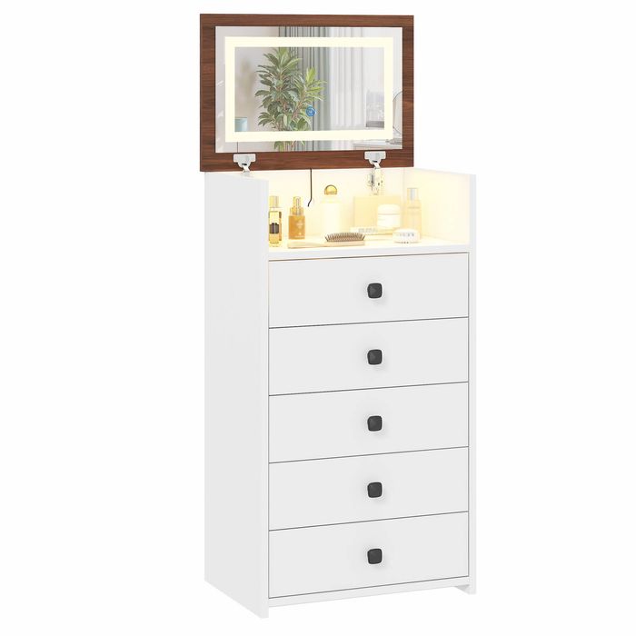 Advwin Dresser Chest of Drawers with Mirror LED Lights 5 Drawers White