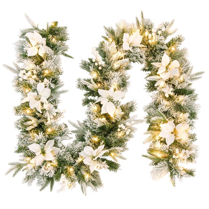 Costway 2.8M Snow Flocked Christmas Garland w/50 Warm White LEDs Xmas Decor