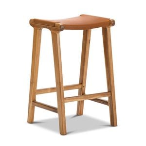 Casey 67cm Coco Tan Flat Leather Natural Teakwood Barstool
