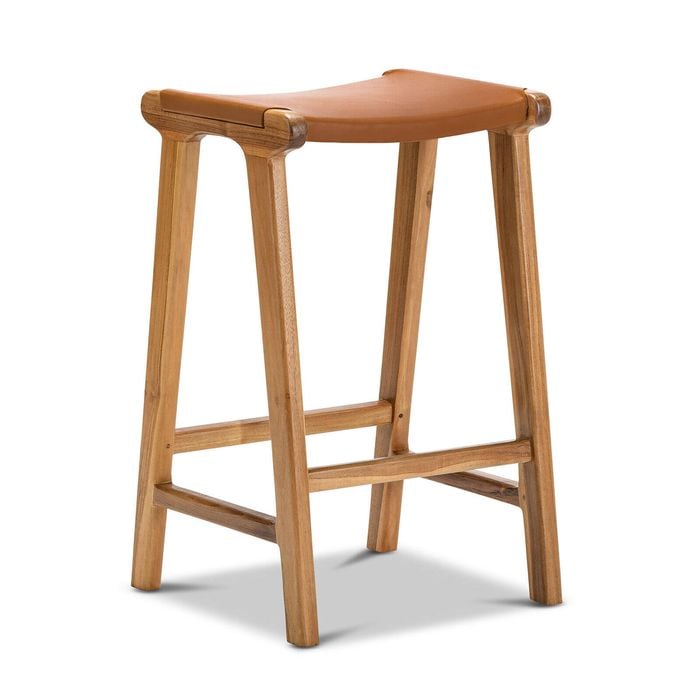 Casey 67cm Coco Tan Flat Leather Natural Teakwood Barstool