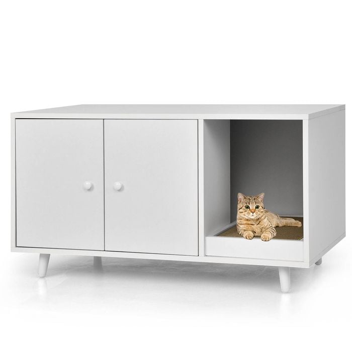 Costway 2in1 Sideboard Cat Litter Cabinet Wood W/scratch Pad White