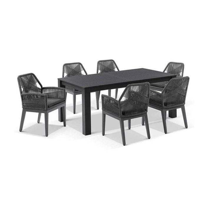 Santorini 1.8m Outdoor Aluminium Dining Table Charcoal With 6 Hugo Chairs & Carbon Grey/denim Grey Cushions
