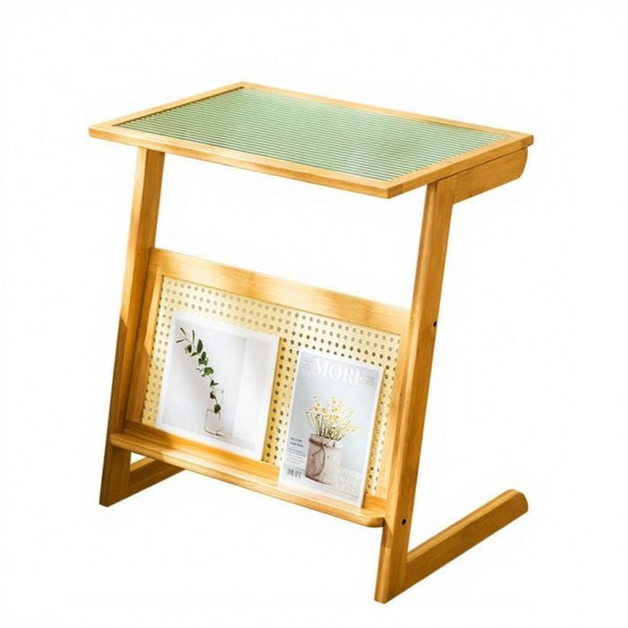 Catzon Rattan Nightstand with Storage Rack End Table-Wood