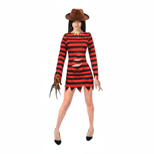 More Than Party Adult Killer Lady Costume Red Black Striped Dress w/Claw Glove