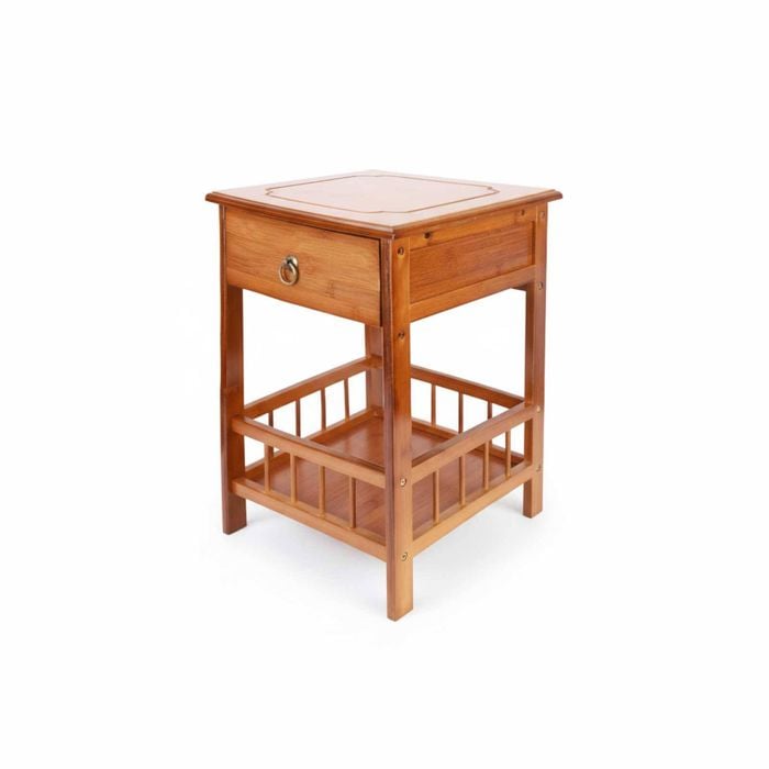 P&P Light Brown Bamboo Bedside Table with 2 Shelves & Drawer, Small Size