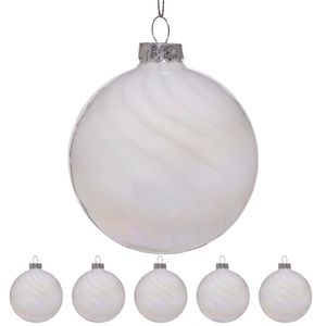 Christabelle Box of 6 White Glass Baubles with Stripe & Faint Iridescence