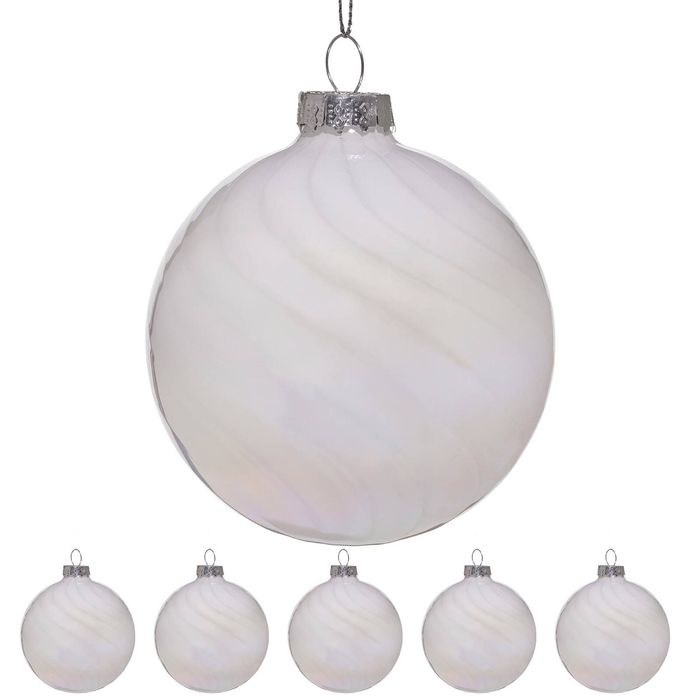 Christabelle Box of 6 White Glass Baubles with Stripe & Faint Iridescence