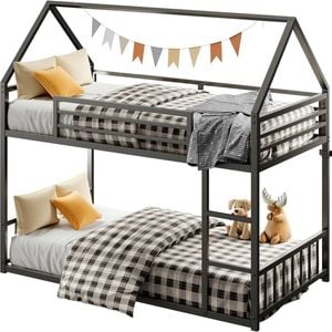 Ufurniture Playhouse Bunk Bed Single Over Single, Loft Bed with High Guardrails & Ladder, Fun House Shape , Black