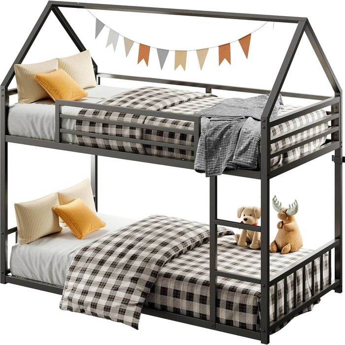Ufurniture Playhouse Bunk Bed Single Over Single, Loft Bed with High Guardrails & Ladder, Fun House Shape , Black