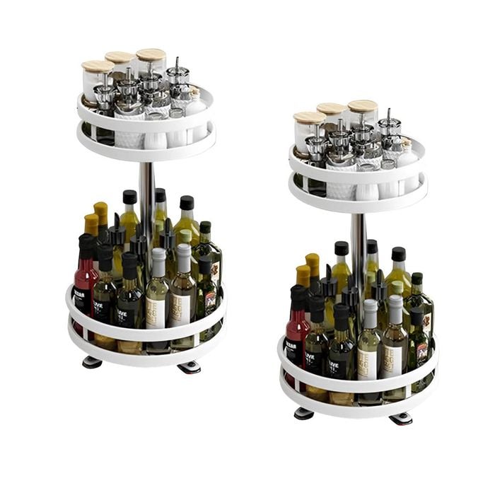 SOGA 2X 2 Tier White Steel Round Rotating Kitchen Countertop Organiser Shelf