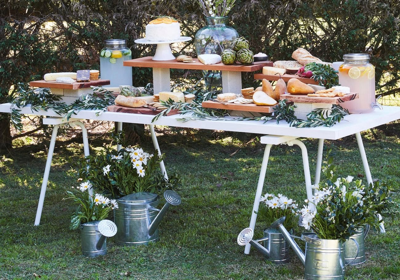 A plain door and a pair of sturdy saw horses make a great grazing table.
