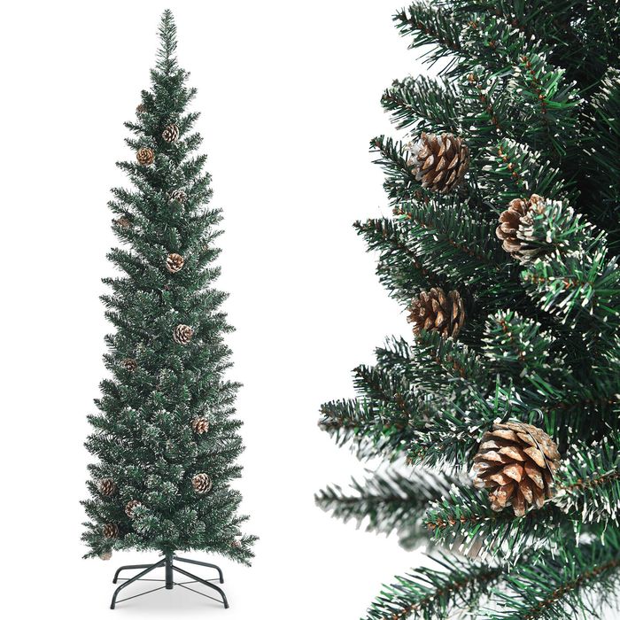 Costway 1.5M Slim Pencil Christmas Tree Pre-Decorated Xmas Tree Pine Cones