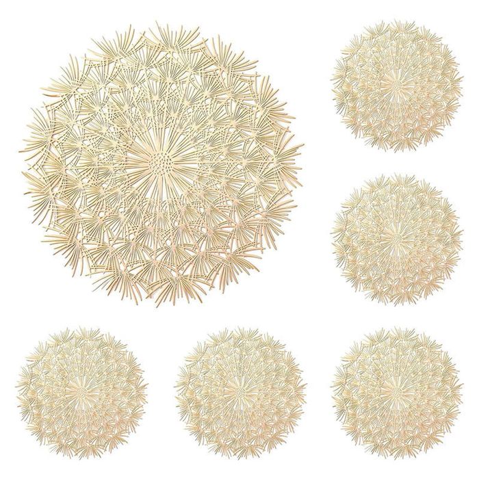 Catzon 6 Pcs Round Dandelion Pvc Placemats Hollowed-out Gold