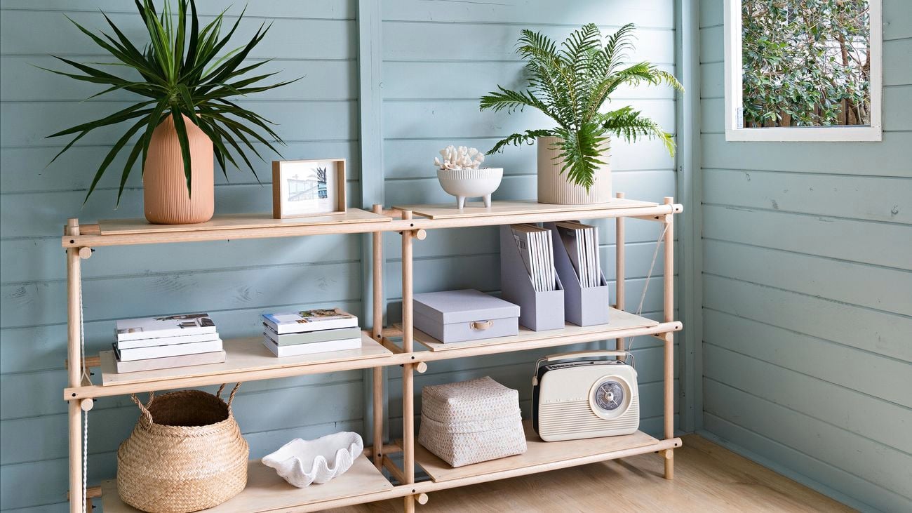 A dowel shelving unit with books and plants in a home office