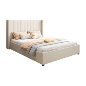 King Size High Rise Headboard Beige Fabric Four MDF Drawers with Wheels Bed Frame