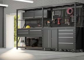Garage with storage shelves.