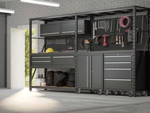 Garage with storage shelves.
