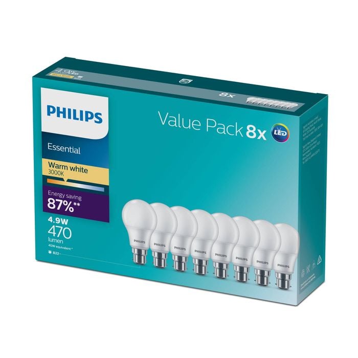 Philips A60 B22 LED 470Lm Warm White 4W Globe - 8 Pack