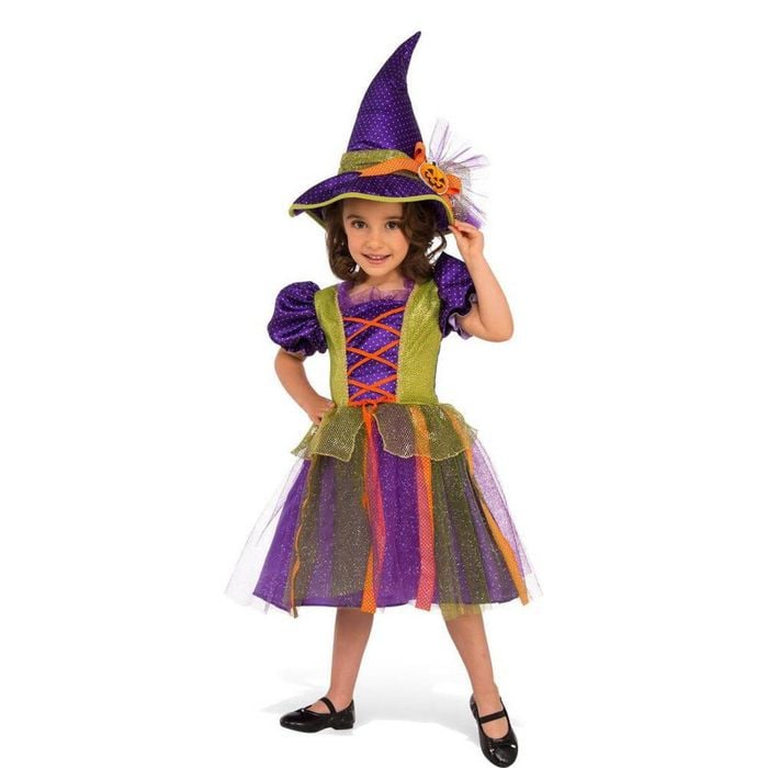 Girls Witch Halloween Costume for Halloween and Book Fun Day with Hat- Multi Colour, Medium