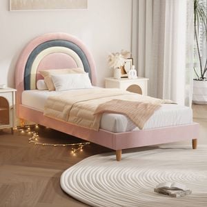 Oikiture Kids Single Velvet Upholstered Bed - Pink