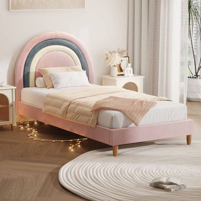 Oikiture Kids Single Velvet Upholstered Bed - Pink