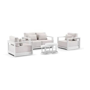 Whitehaven 2+1+1 Seater Outdoor Aluminium Lounge White With Hugo Coffee Table Set & Sandstone Cushions