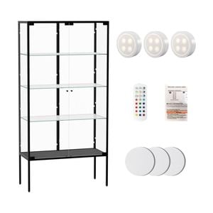 Stacked Glass Display Cabinet 4-Tier Doubel Doors Black with LED Lights