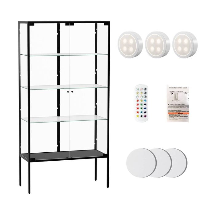 Stacked Glass Display Cabinet 4-Tier Doubel Doors Black with LED Lights