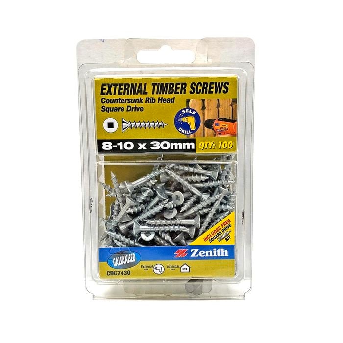 Zenith 8 - 10 x 30mm Galvanised Square Drive Countersunk Ribbed Head Timber Screws - 100 Pack